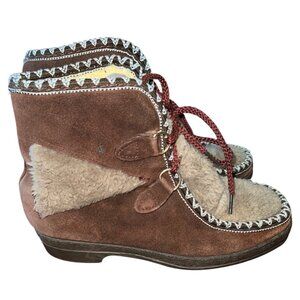 Vintage Brown Suede Shearling-Lined‎ Lace-Up Winter Boots Size 6  Boho